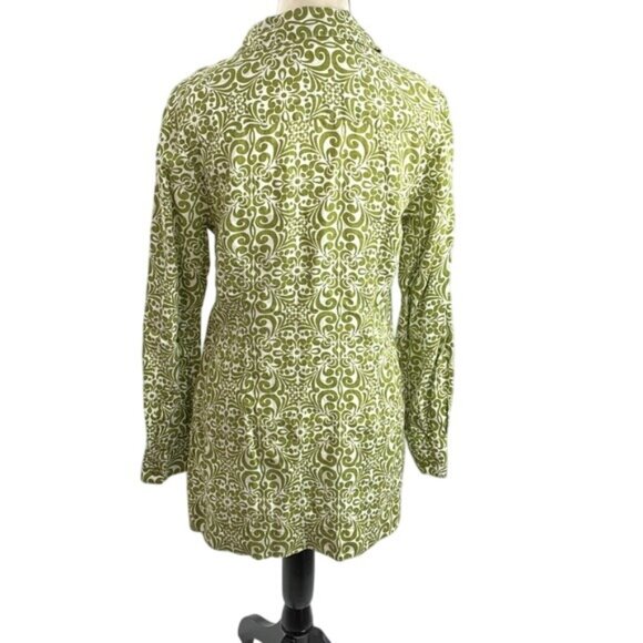 Charter Club Button Front Blouse Womens Size 6 Green White Scroll Print Linen - Picture 5 of 7